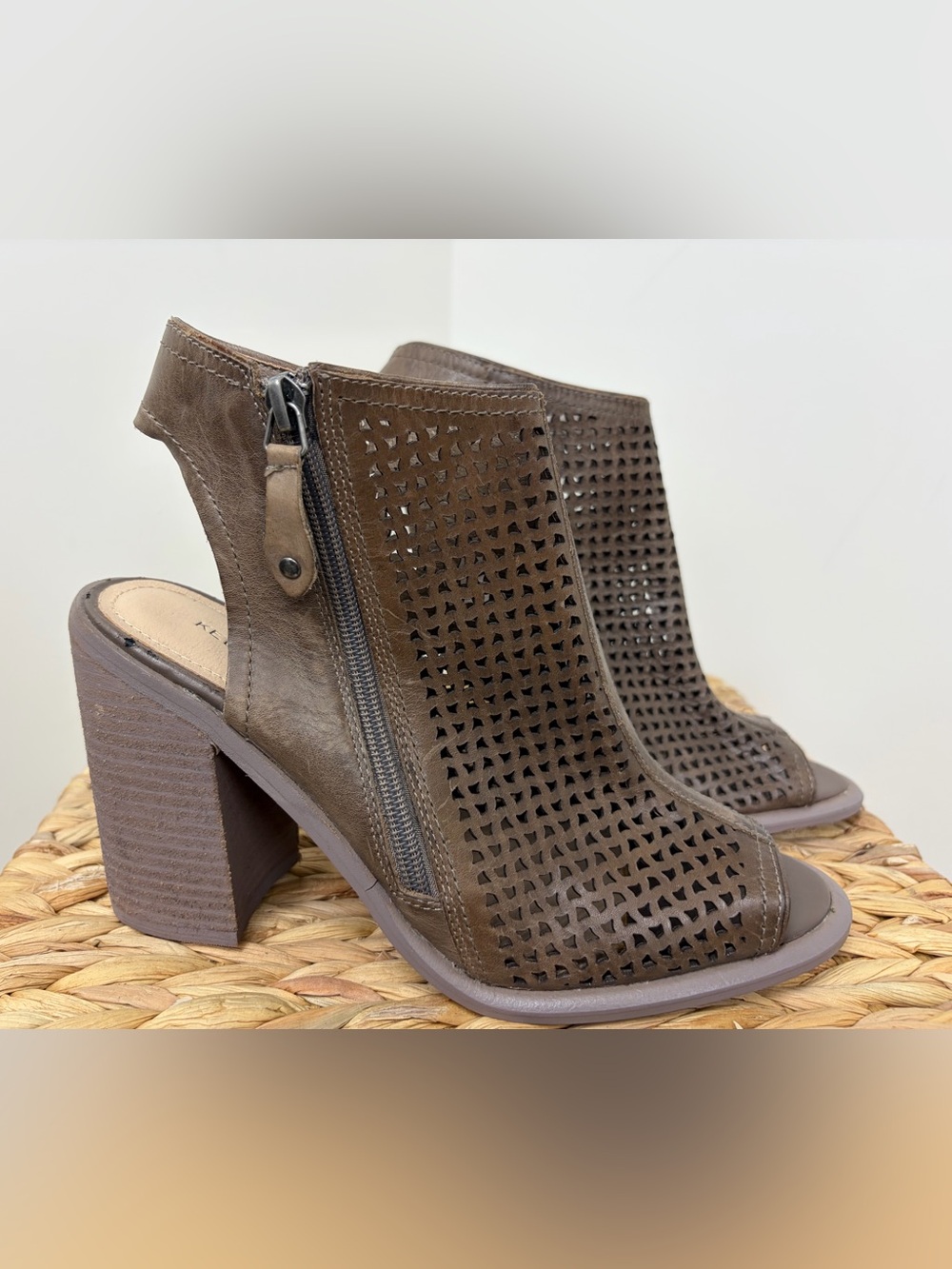 Kelsi Dagger Brown Perforated Zip Block Heel Slingback Mules